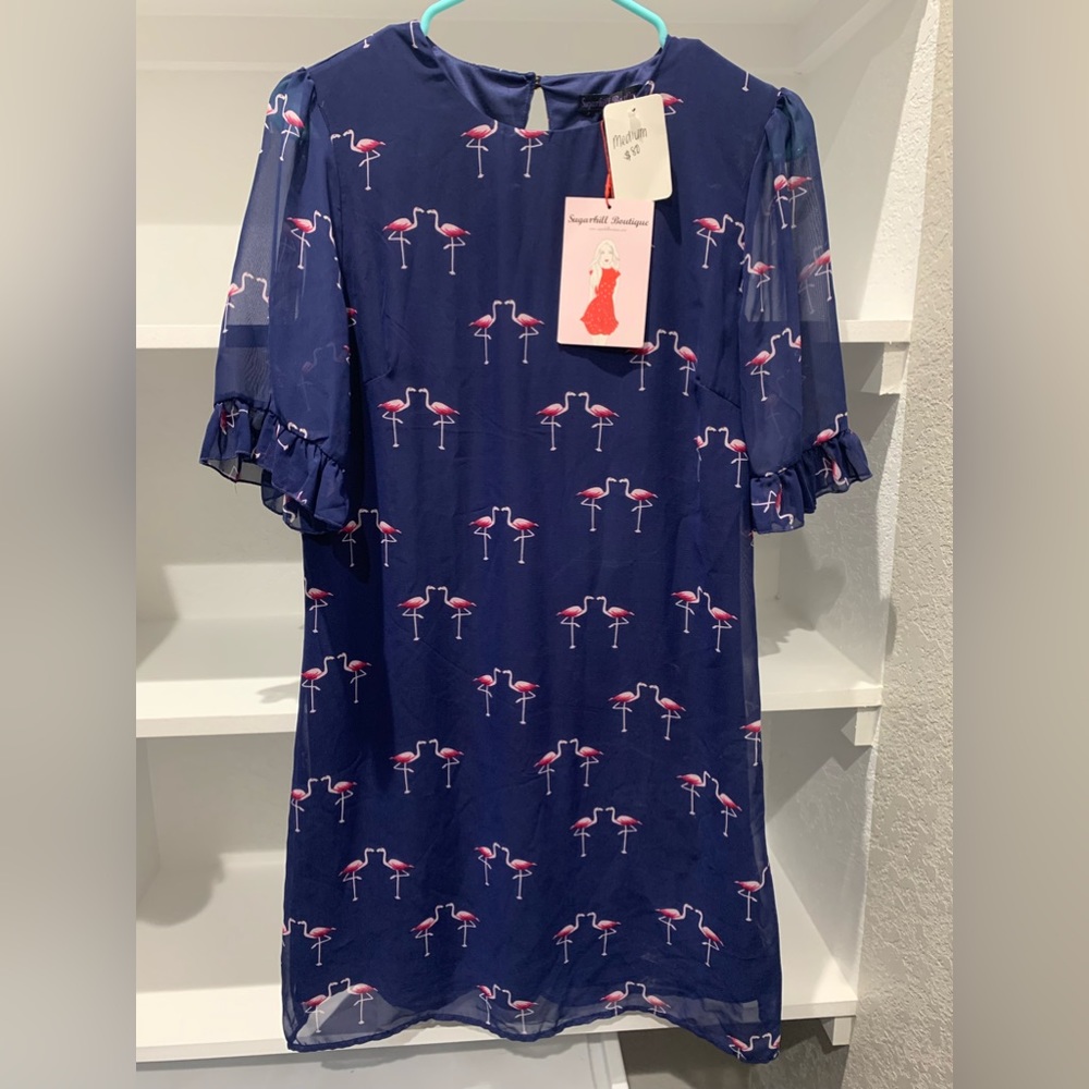 NWT Sugarhill Boutique brand flamingo print navy dress, size medium, never worn
